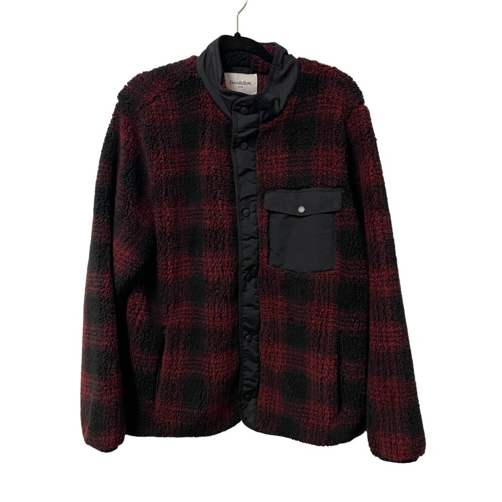 GOODFELLOW & CO JACKET MENS L HIGH PILE FLEECE FAUX FUR BLACK RED POCKETS NWT